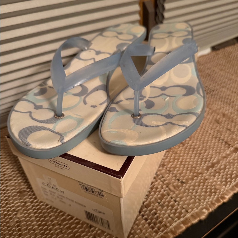 Coach Pale Blue Signature Pattern Flip Flops